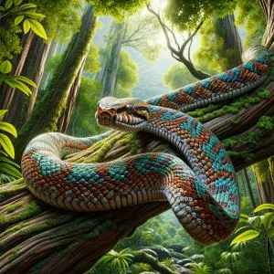 Cobra camuflada em uma árvore simbolizando perigos ocultos e sabedoria